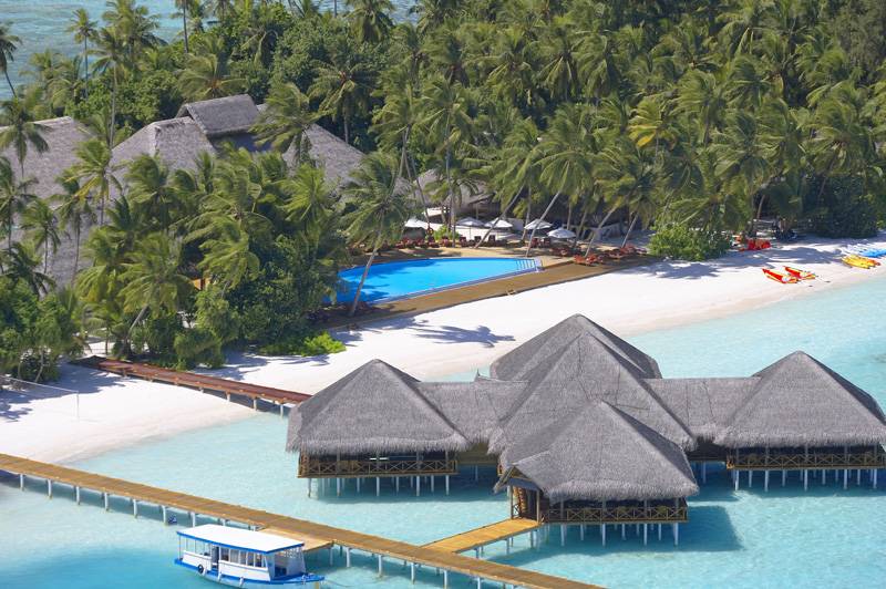 Tauchreise Malediven | Medhufushi Island Resort | Verstecktes Resortgelände unter Palmen
