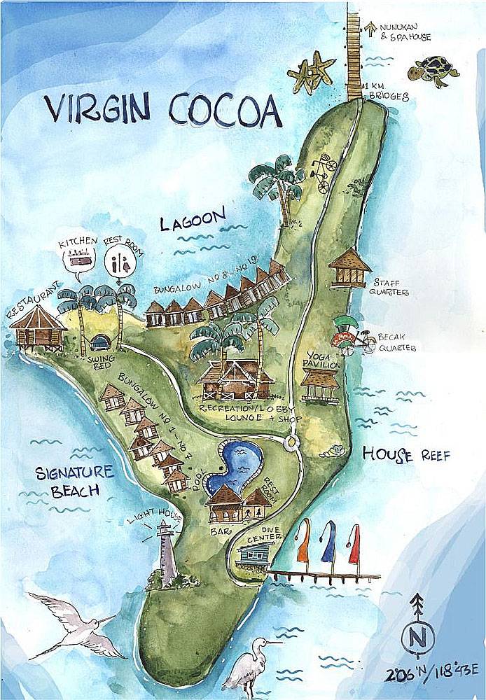 Tauchreise Indonesien/Maratua |  Virgin Cocoa ~ Tropical Hideaway Island Resort | Hotellageplan