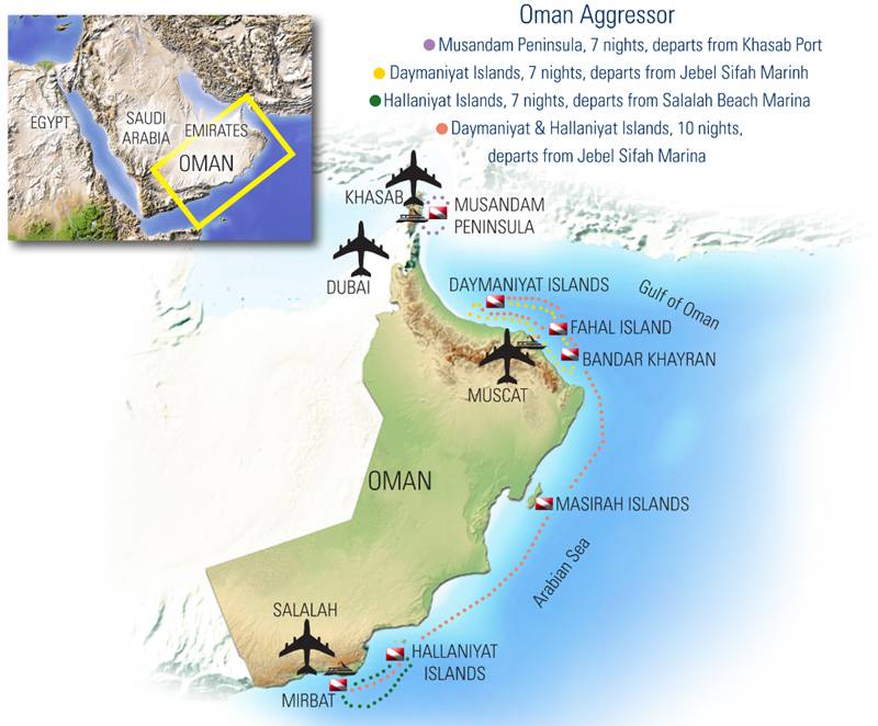 Tauchsafari Oman | Oman Aggressor Tauchschiff | Karte der Schiffsroute